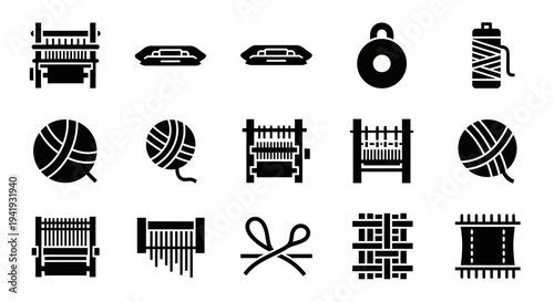 Collection of black icons representing various textile elements and tools displayed on a clean white background from a straightforward viewpoint