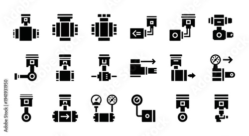 Collection of various hydraulic and pneumatic cylinder icons in black illustrating different mechanical components and functions
