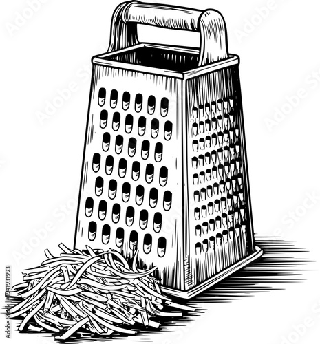 Black and white of a metal box grater with shredded cheese a white background food