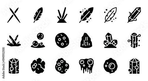 Collection of simple black icons depicting various natural elements and abstract shapes on a plain background from a straightforward viewpoint