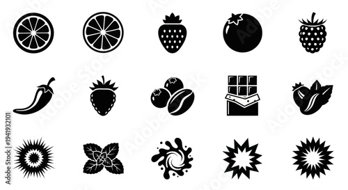 Assorted fruits and vegetables icons in a grid layout, showcasing various produce, isolated on a clean background, viewed from directly above.