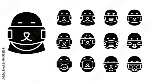 Collection of helmet icons in various designs and styles displayed together on a clean white background