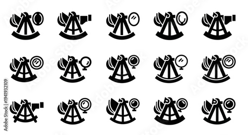 Collection of diverse camera icons in various configurations and abstract designs on a simple background from a straightforward viewpoint