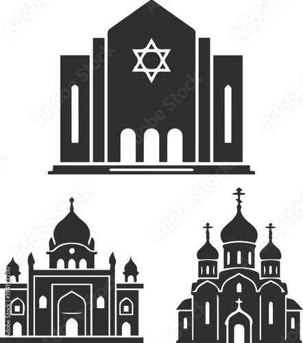 Set of Religious Places of Worship Silhouette Vector Icons