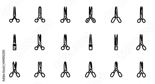 Collection of various scissors icons in different styles and orientations displayed together