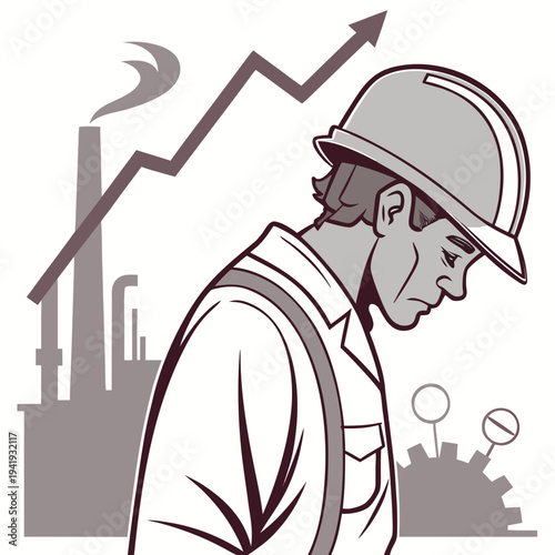 Industrial worker with downturned head in front of factory and rising graph