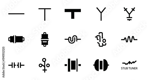 A set of simple icons representing various electronic components and symbols for technical diagrams and tutorials