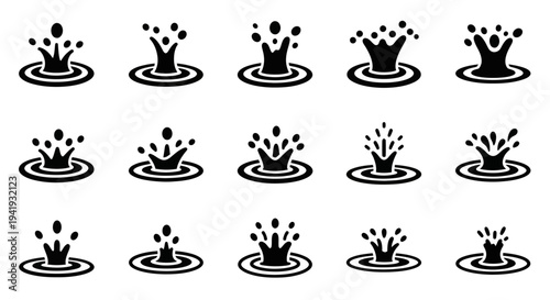 Collection of abstract black silhouettes of water splashes on transparent background, varying in intensity and size, viewed from directly above