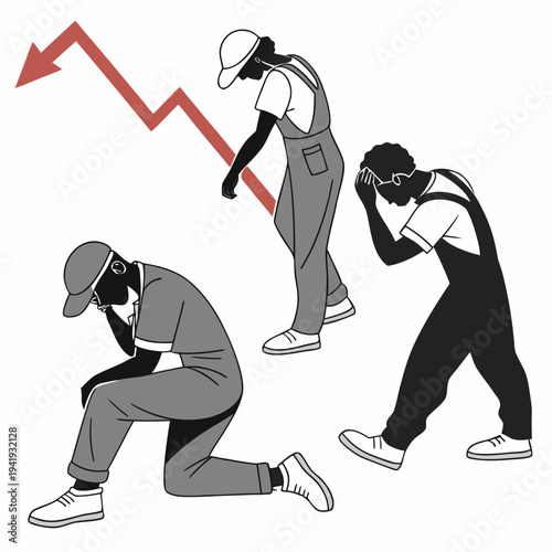 Three workers reacting to declining graph with red arrow