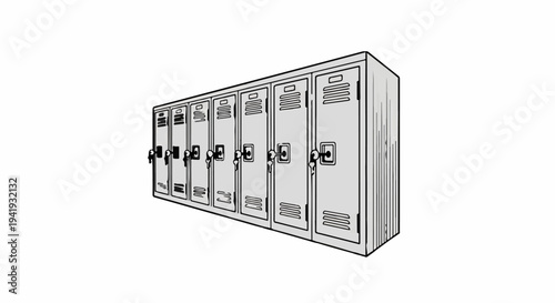 A row of grey lockers with vents and latches, presented on a white backdrop