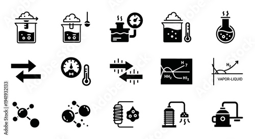 Collection of scientific icons representing laboratory equipment and experimentation in a detailed illustration