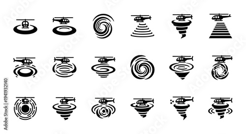 Collection of abstract black and white spiral and geometric shapes icons in various forms and designs displayed on a white background