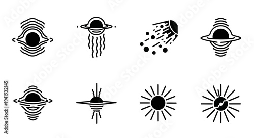 Collection of simple black and white illustrations depicting various celestial bodies and events in space from a straightforward viewpoint