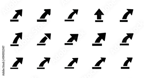 Collection of various black arrows pointing in different directions on a plain background viewed from directly above