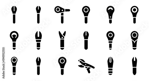 Collection of various black tool icons on a clean white background displayed from a straightforward viewpoint