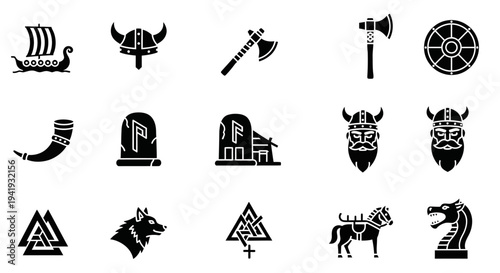 Collection of Viking symbols and icons, featuring masks, axes, and animals in a cultural heritage display.