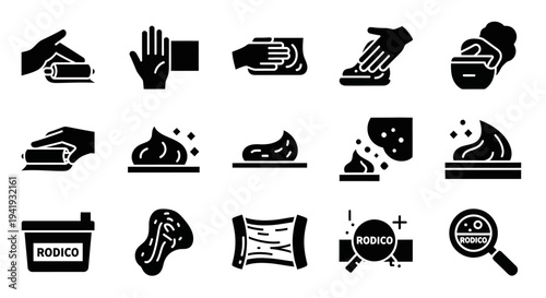 Collection of black icons representing various laundry and cleaning tasks on a white background viewed from a straightforward perspective