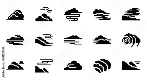 Collection of abstract wave and mountain silhouettes in various styles and orientations