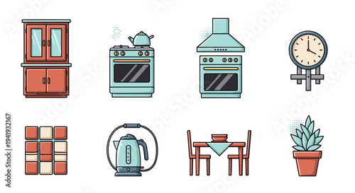 Charming kitchen elements: minimalist icons of cabinets, appliances, and decor