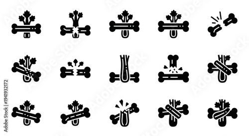 Collection of black bones icons with various designs displayed on white