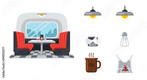 Retro diner interior with cozy booths and iconic dining items in flat design
