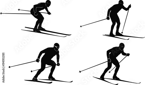 Dynamic skiing silhouettes of athletes in motion, winter sports activity, adventure, speed, balance, technique, outdoor recreation vector illustration