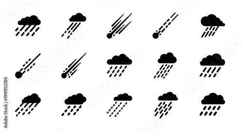 Collection of rain and storm weather icons in various states, showcasing different intensities and styles of precipitation in a simple illustration format