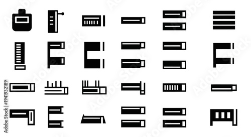 Collection of various black icons representing different office supplies and stationery items on a plain background viewed from directly above