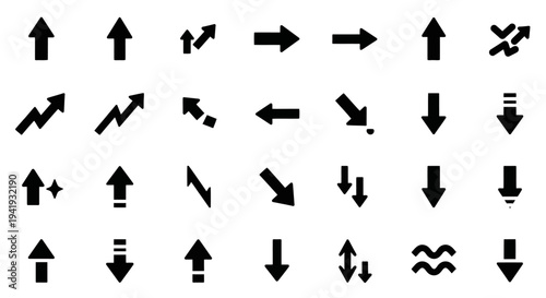 Collection of various black directional arrows pointing in different directions on a plain white background