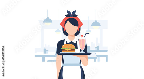 Retro diner waitress serving burger and milkshake with classic 1950s style