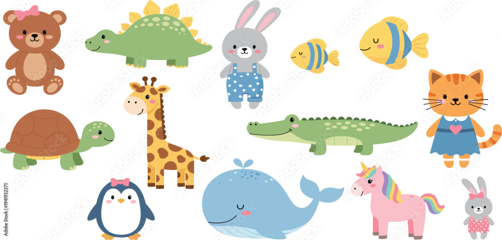 Obraz premium Adorable Animal Sticker Set Featuring Bear, Dinosaur, Giraffe, Unicorn, Fish, and More for Kids' Design