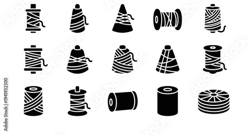 Collection of various spools and reels of thread in different shapes and sizes, illustrations on white background