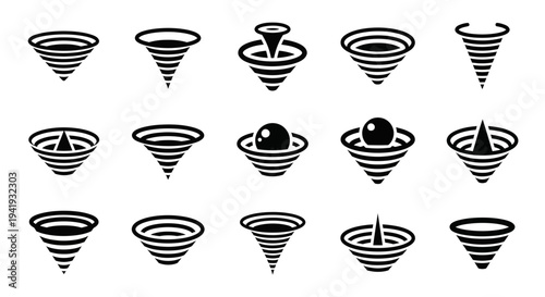 Collection of spinning tops illustrations in various dynamic positions and motion styles from a top-down viewpoint