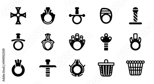 Collection of black icons representing various symbols and objects on a plain background