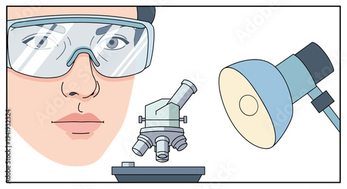 Scientist at work: modern lab with microscope and safety gear in detailed style