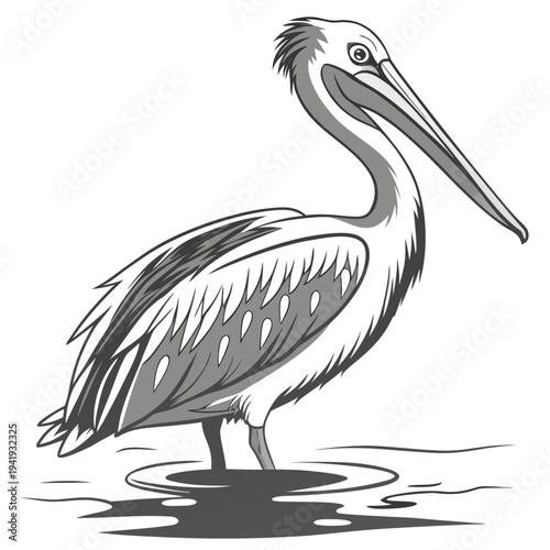 Gray pelican standing in water monochrome bird