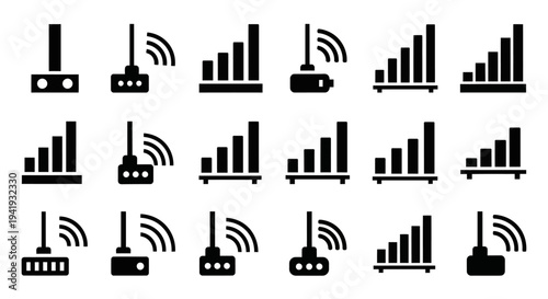 Collection of router and graph icons representing data transmission and statistics in a digital format