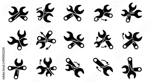 Collection of black tool icons featuring pliers, scissors, and wrenches displayed on a clean white background
