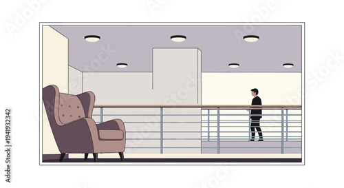 Minimalist interior with modern furniture and walking silhouette in office building