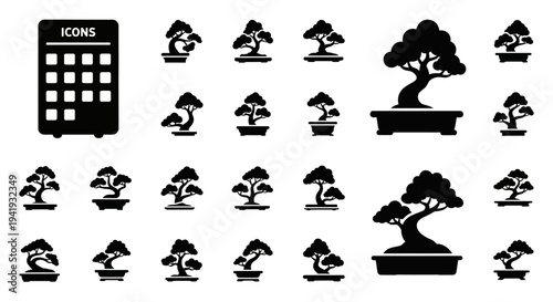 Collection of Bonsai Tree Icons in Various Sizes and Orientations on a Grid Layout