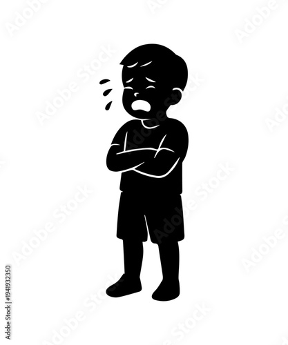 Upset boy crying having tantrum with crossed arms