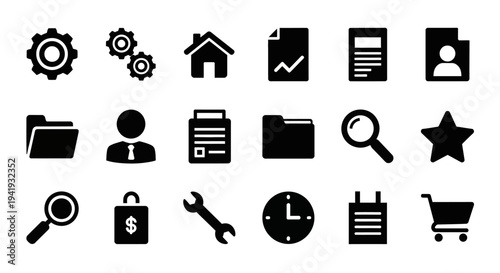 Collection of simple black icons representing various office and productivity tools on a clean white background