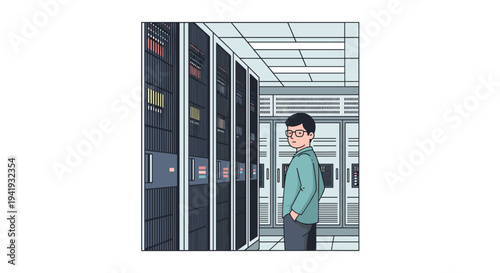 Data center technician in modern server room with network equipment