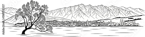 A picturesque lakeside town nestled beneath a majestic mountain range, with a large tree in the foreground