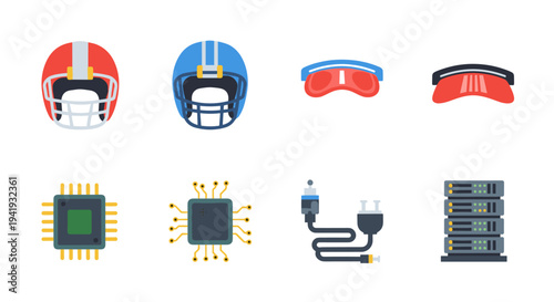 Collection of flat design helmets and tech icons for sports and technology themes