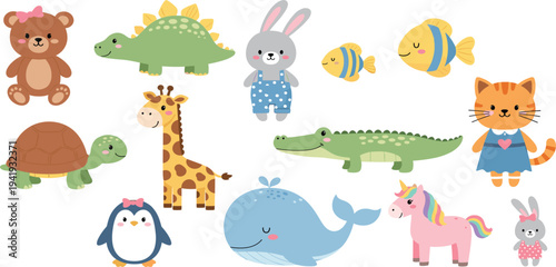 Adorable Animal Sticker Set Featuring Bear, Dinosaur, Giraffe, Unicorn, Fish, and More for Kids' Design