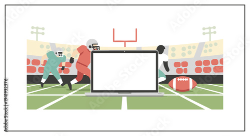 Online football experience: digital game streaming on laptop in stadium