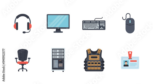Essential office technology and security equipment icons collection