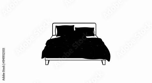 A minimalistic outline sketch of a double bed with pillows and blanket