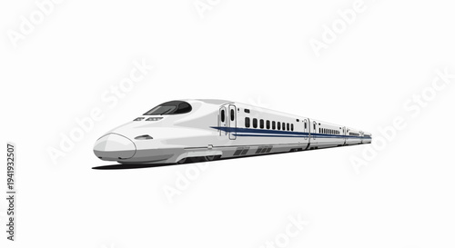A modern, high-speed passenger train with a sleek white exterior and blue accents